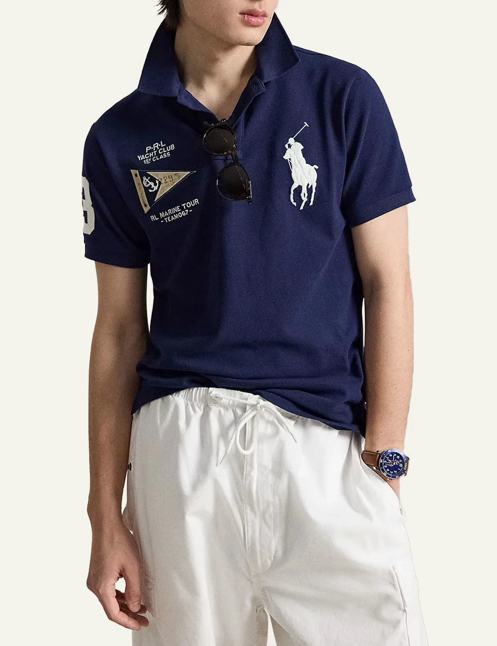 Polo Ralph Lauren navy polo shirt with Big Pony and yacht club embroidery front full body view
