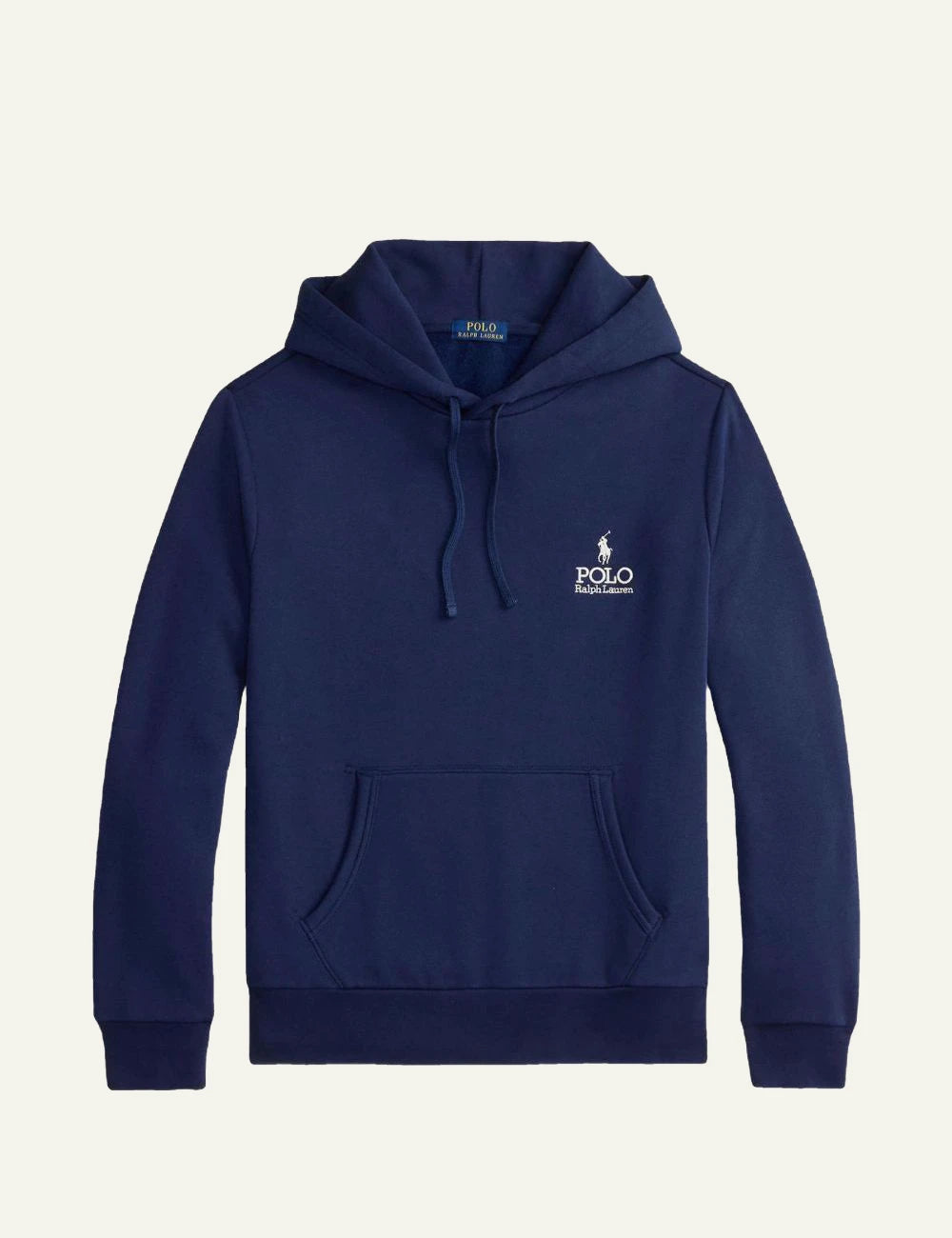 Polo Ralph Lauren navy hoodie with white chest logo and kangaroo pocket front flat view