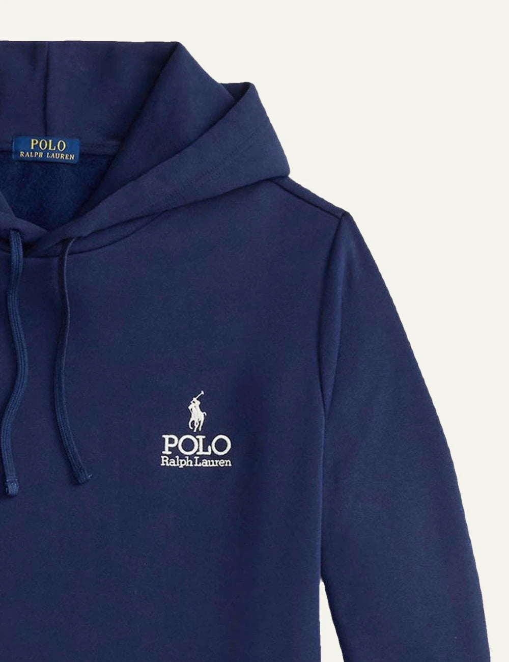 Polo Ralph Lauren navy hoodie with white chest logo and kangaroo pocket logo view