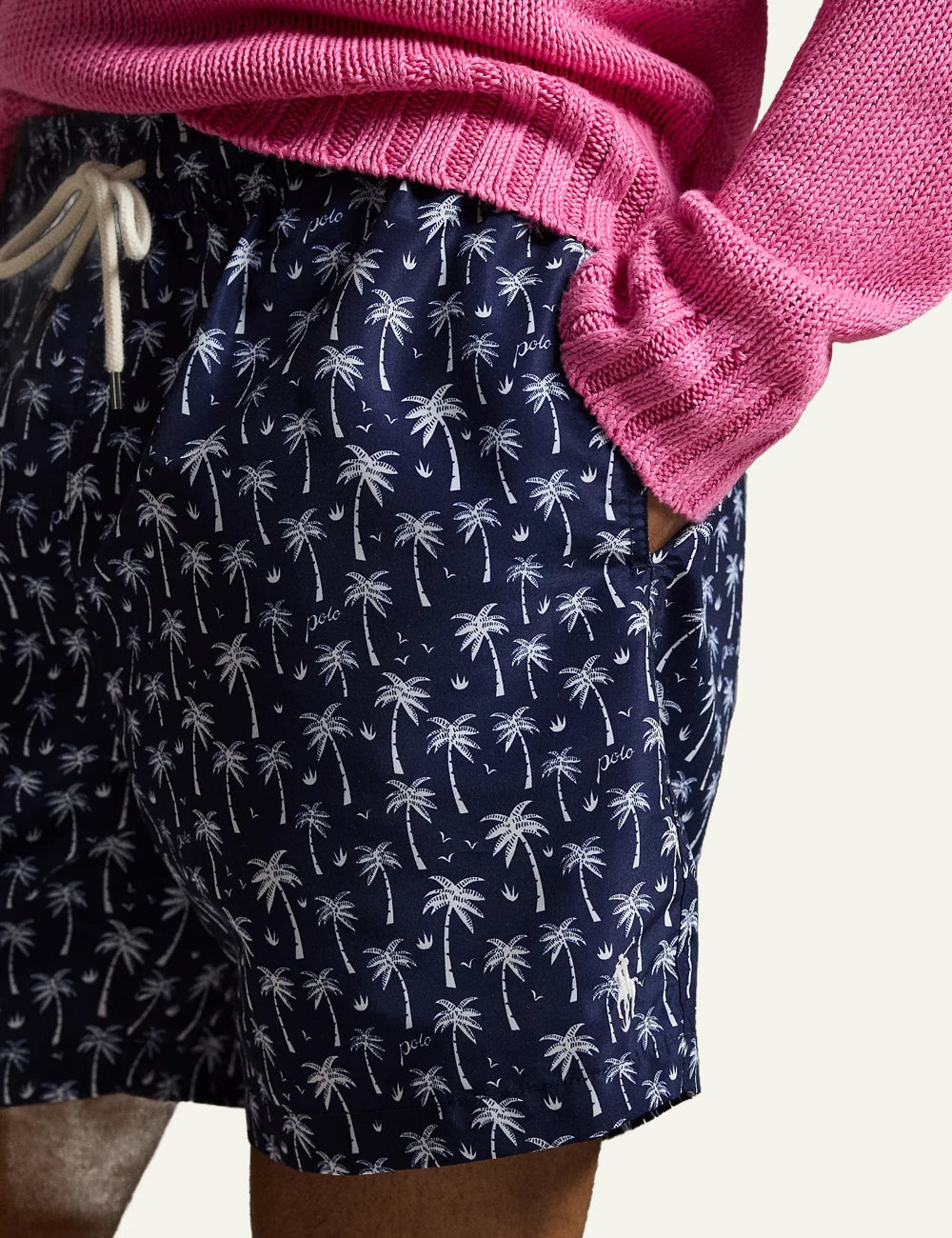 polo ralph lauren navy swim shorts palm print classic fit front detail view