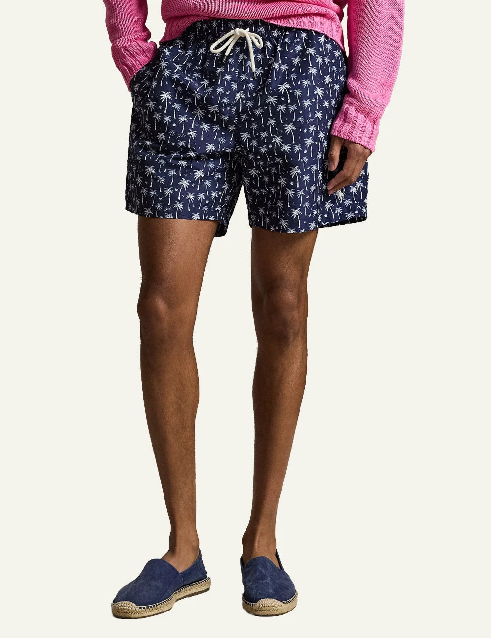 polo ralph lauren navy swim shorts palm print classic fit front model view