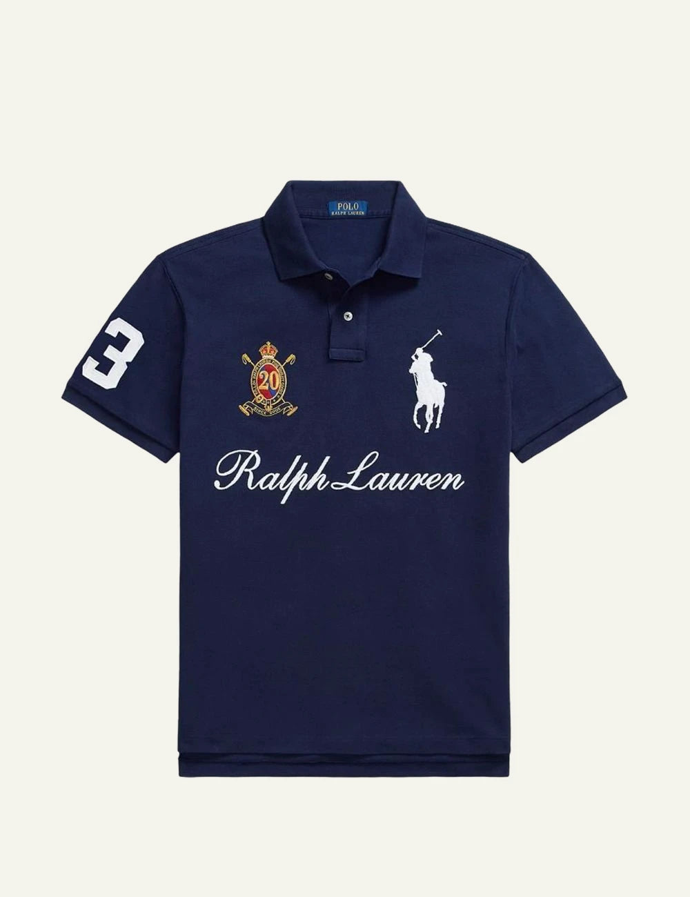 Polo Ralph Lauren navy polo shirt with big pony logo and embroidered front flat view