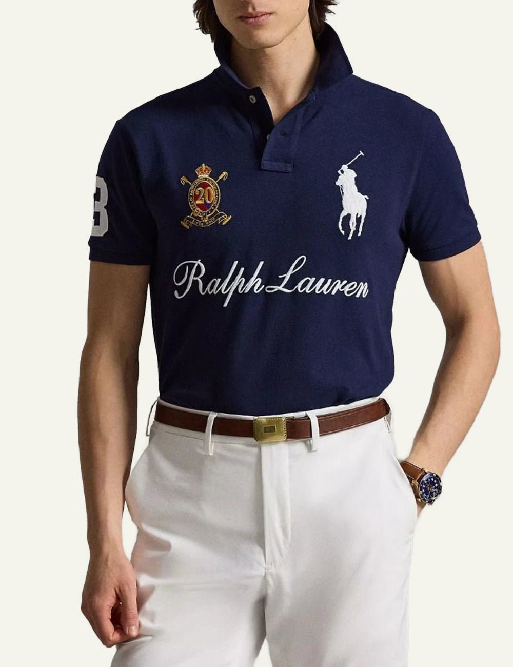 Polo Ralph Lauren navy polo shirt with big pony logo and embroidered front model view