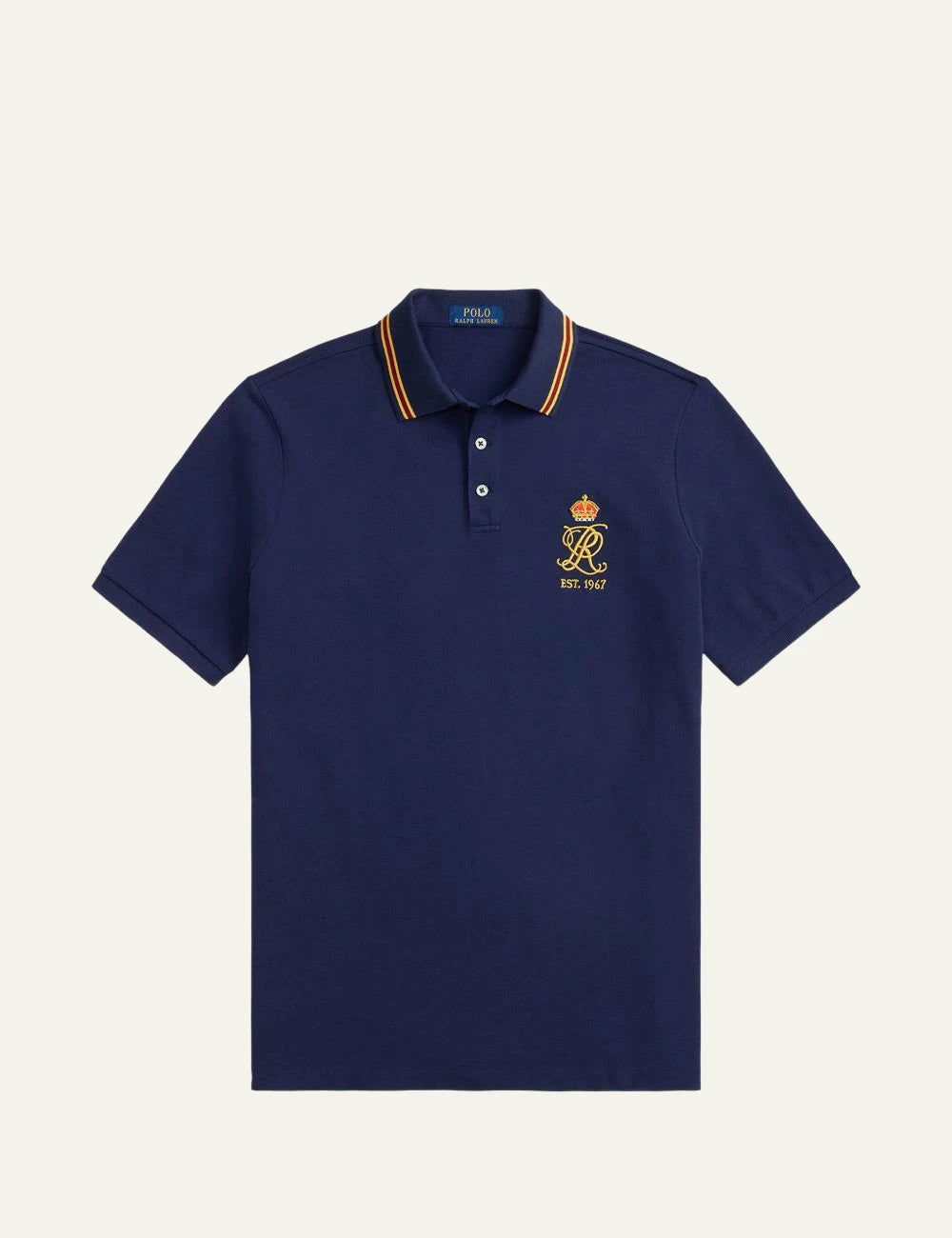 Polo Ralph Lauren navy polo shirt with striped collar front flat view