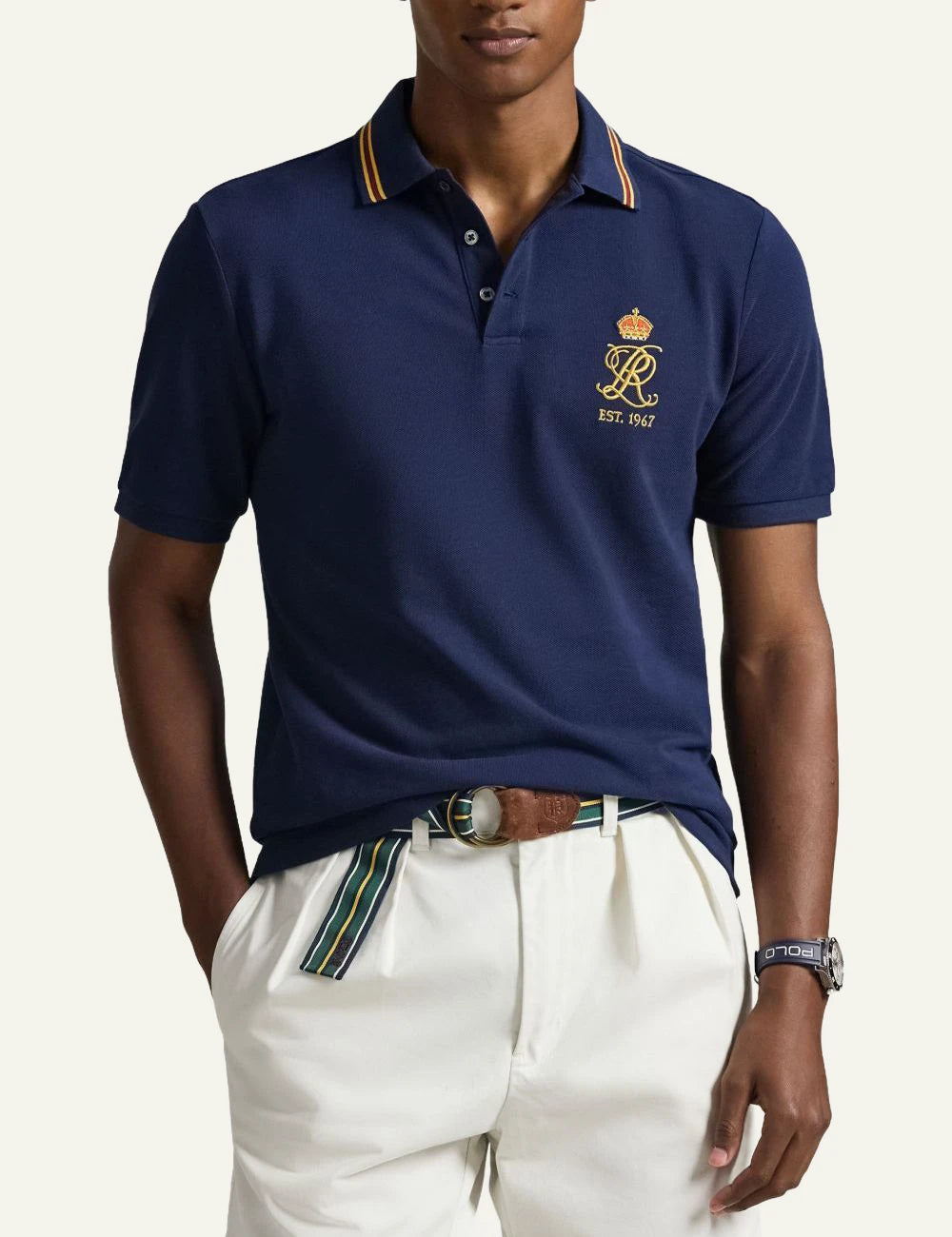 Polo Ralph Lauren navy polo shirt with striped collar front model view