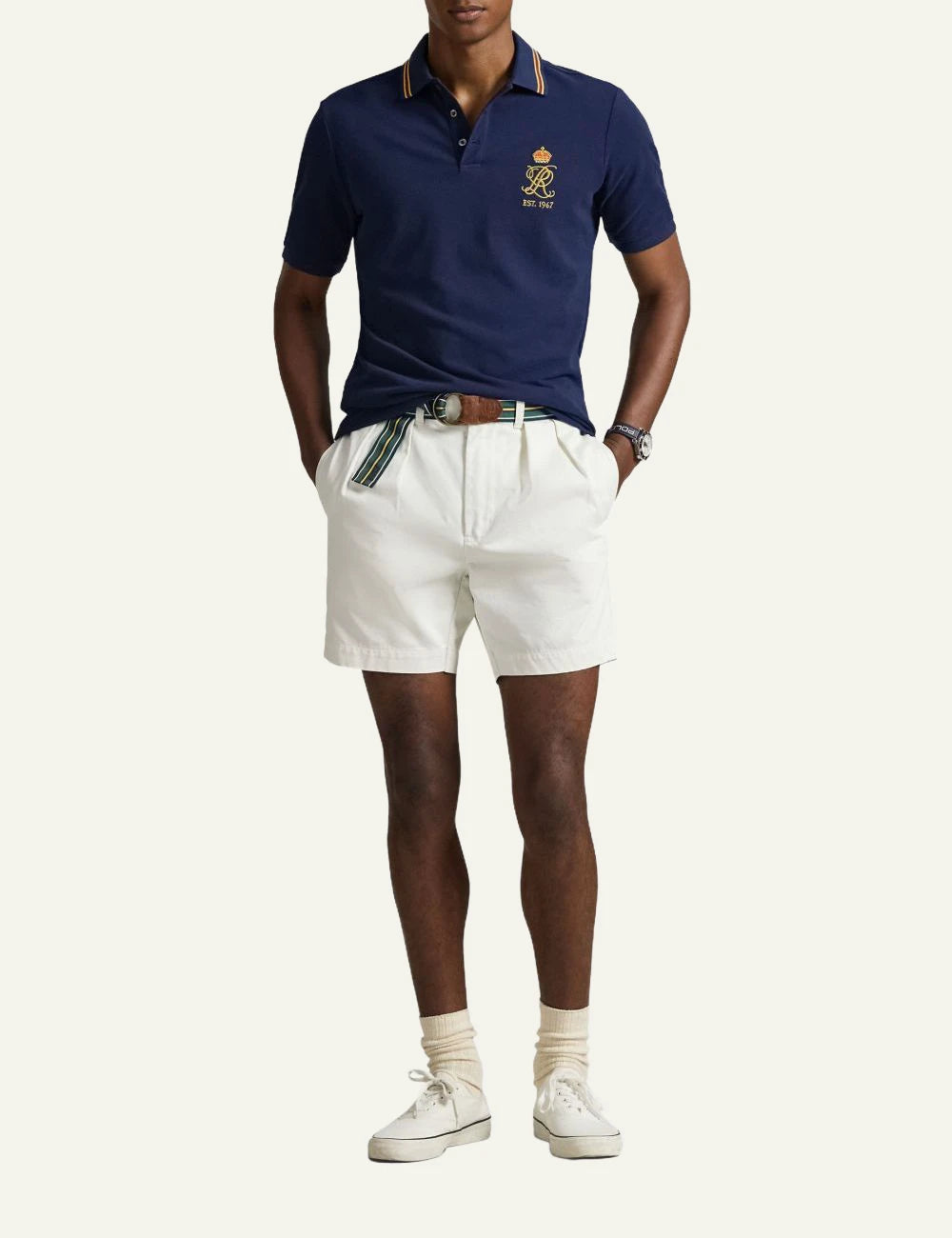 Polo Ralph Lauren navy polo shirt with striped collar full body view