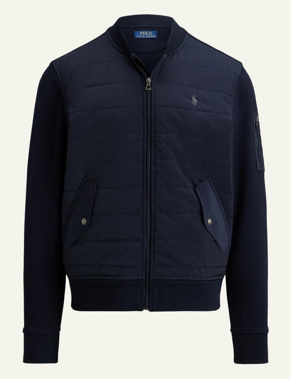 Polo Ralph Lauren navy quilted bomber jacket with zip closure front flat view