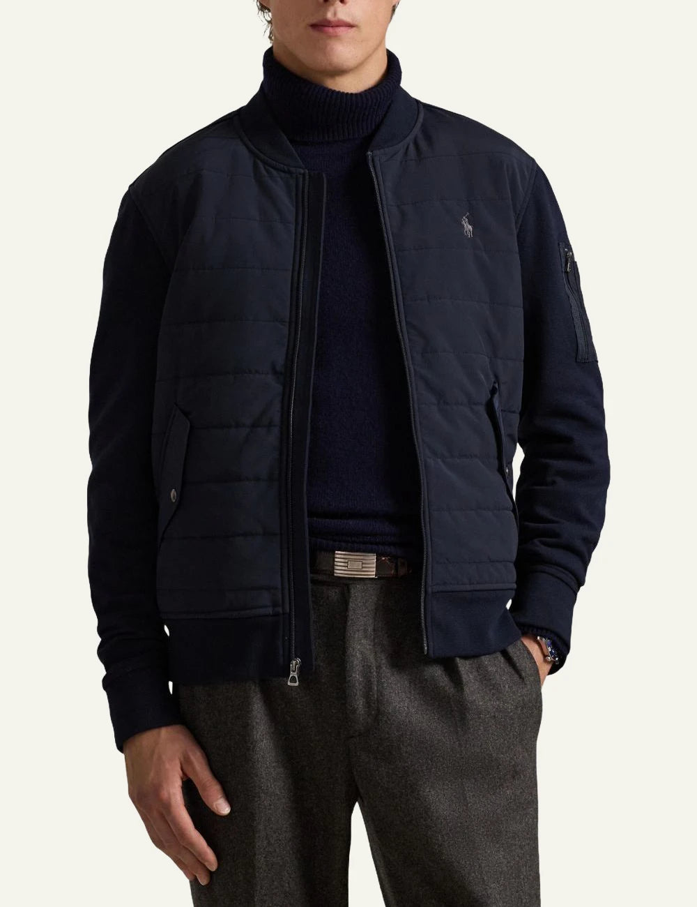 Polo Ralph Lauren navy quilted bomber jacket with zip closure front model view