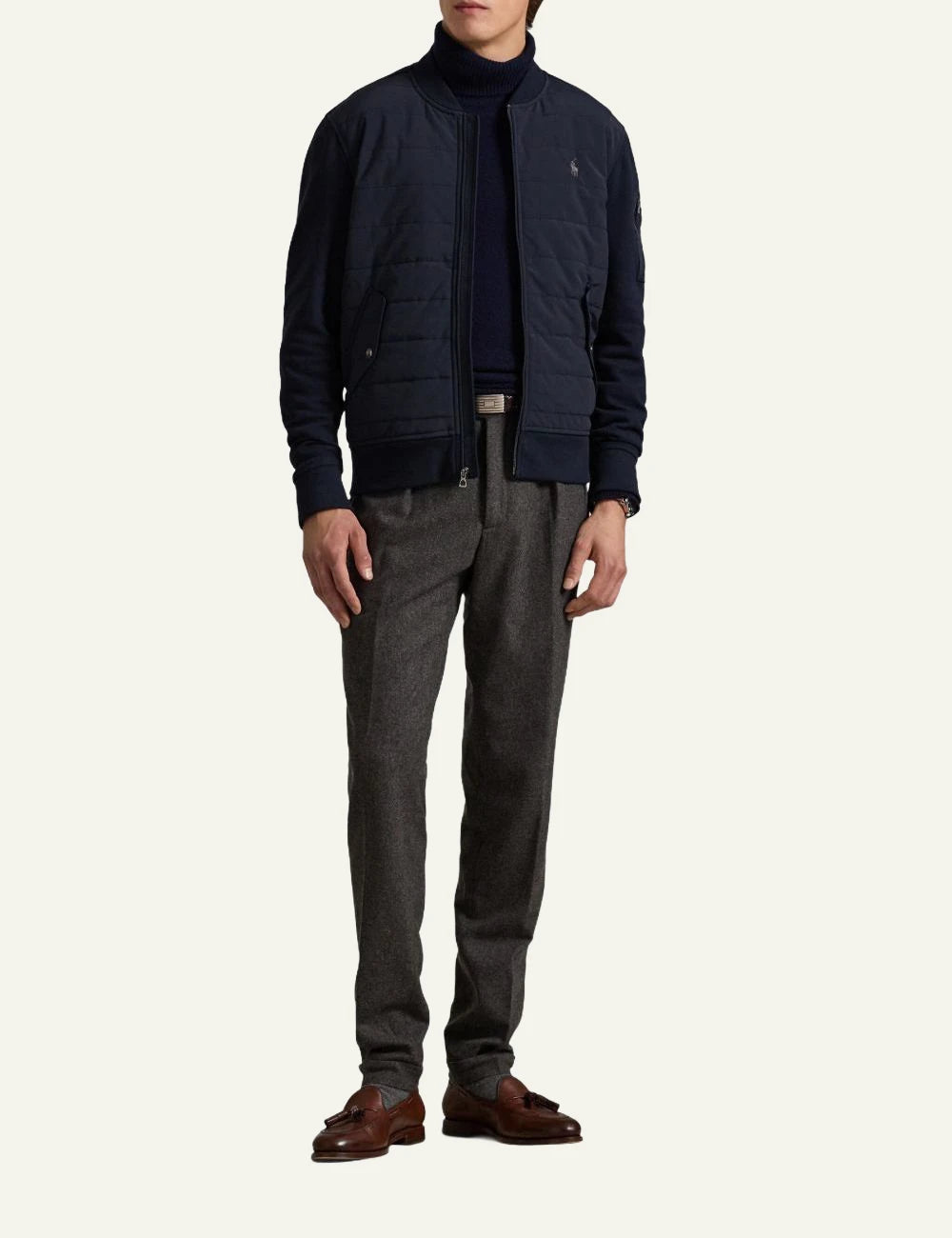 Polo Ralph Lauren navy quilted bomber jacket with zip closure full body view