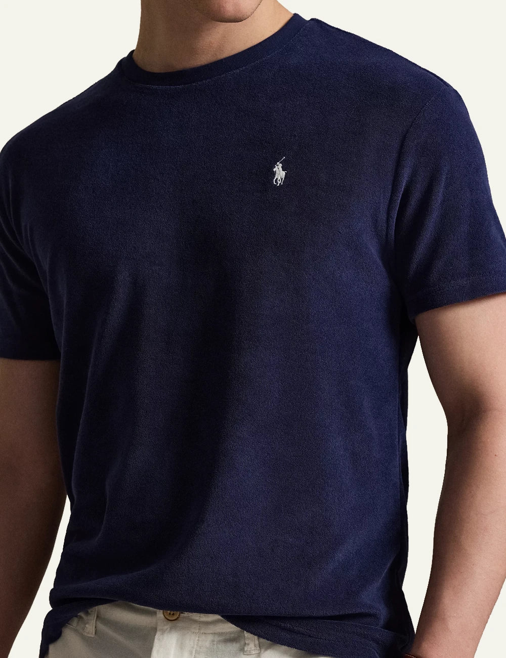 polo ralph lauren navy terry t-shirt pony logo cotton blend classic fit side detail view