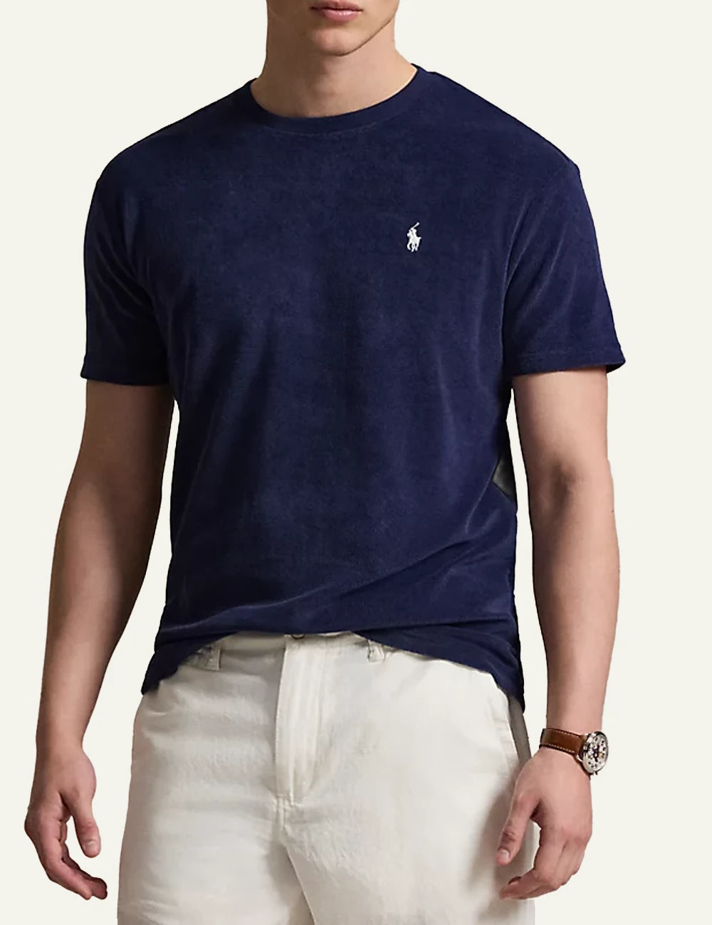 polo ralph lauren navy terry t-shirt pony logo cotton blend classic fit front detail view