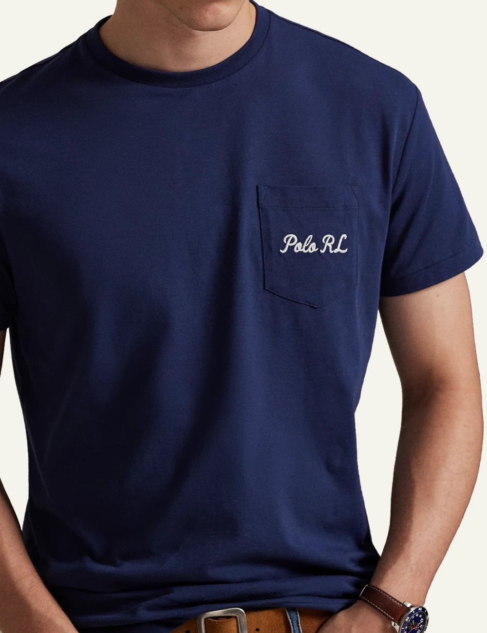 polo ralph lauren navy t-shirt pocket polo rl logo cotton slim fit front detail view