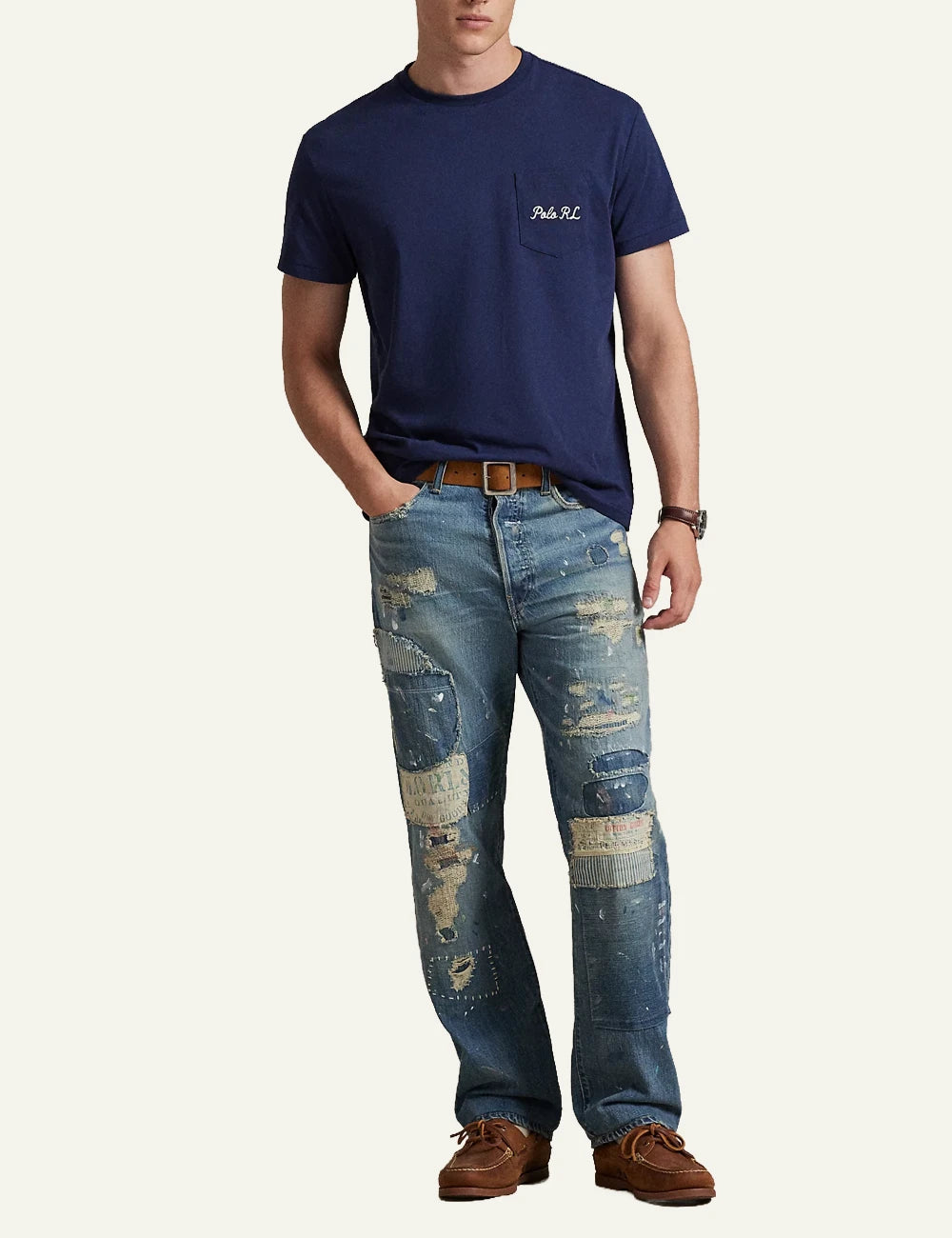 polo ralph lauren navy t-shirt pocket polo rl logo cotton slim fit front full body view