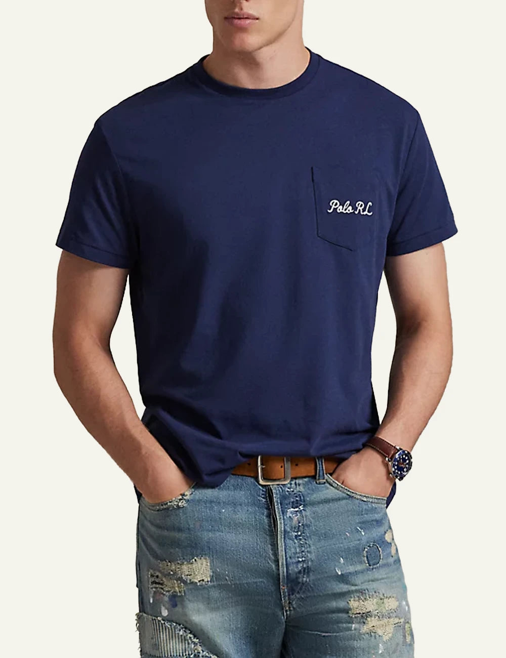 polo ralph lauren navy t-shirt pocket polo rl logo cotton slim fit front model view
