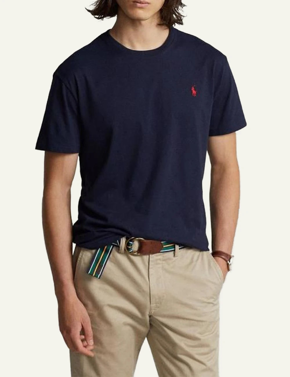 Polo Ralph Lauren navy T-shirt me red pony logo front  model view