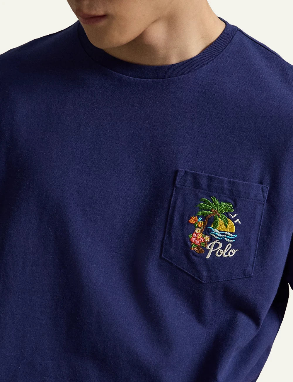 polo ralph lauren navy t-shirt pocket tropical logo cotton classic fit front detail view