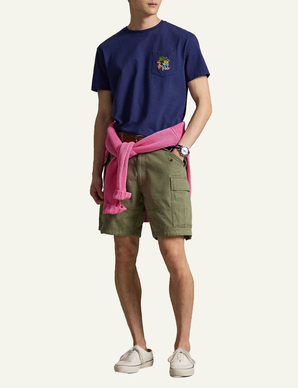 polo ralph lauren navy t-shirt pocket tropical logo cotton classic fit front full body view