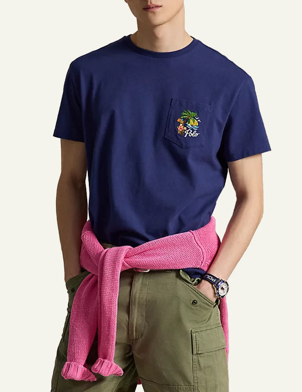 polo ralph lauren navy t-shirt pocket tropical logo cotton classic fit front model view
