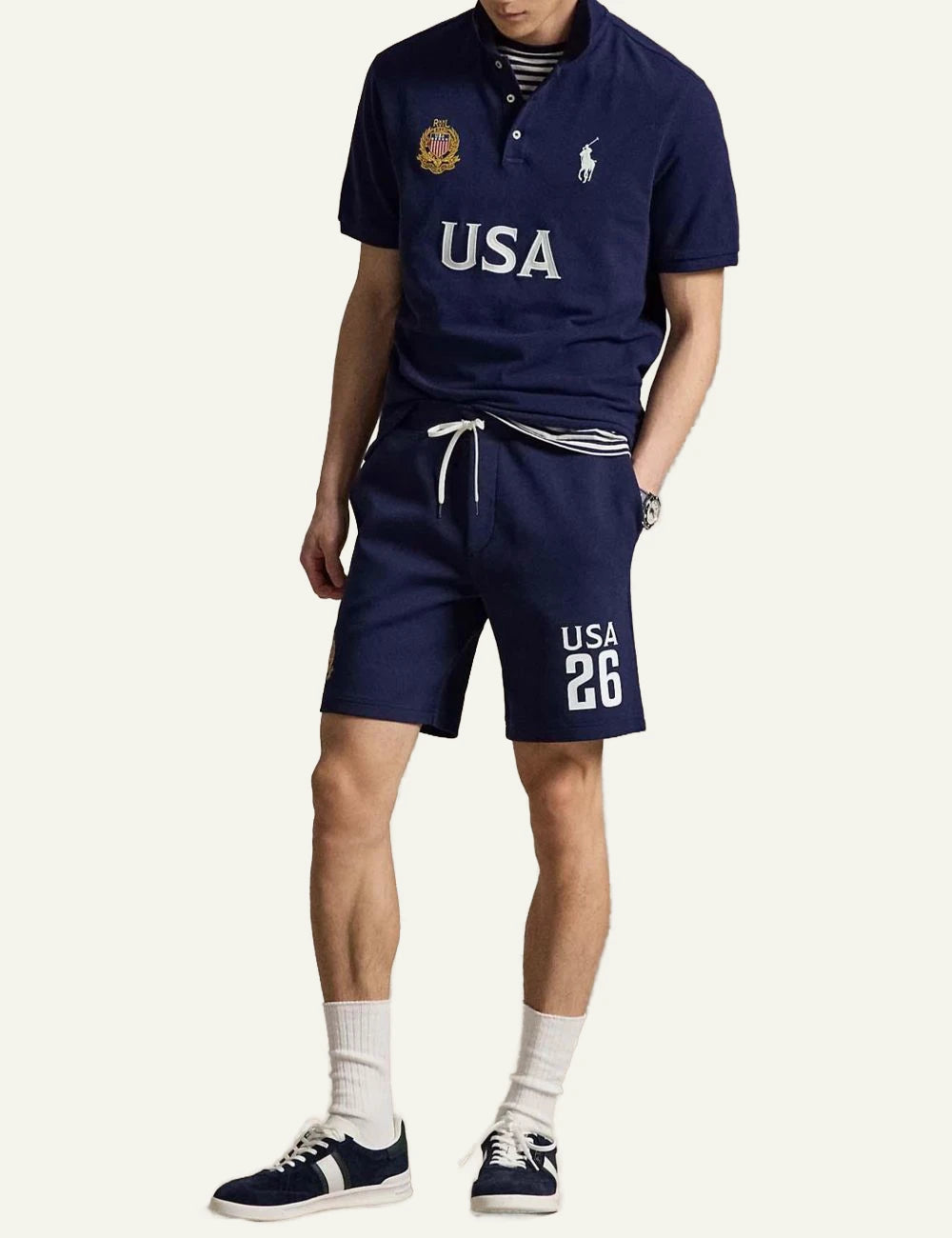 Polo Ralph Lauren navy USA polo shirt with Big Pony embroidery front full body view