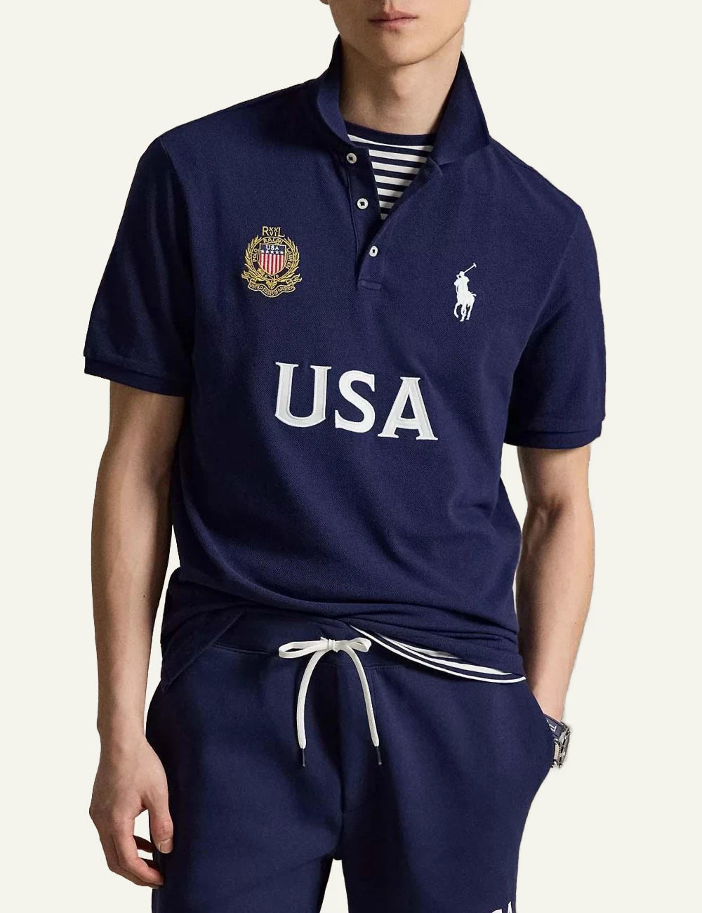Polo Ralph Lauren navy USA polo shirt with Big Pony embroidery front detail view