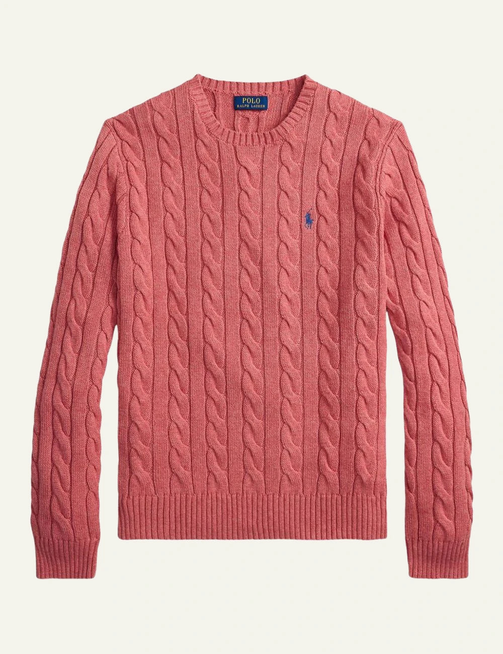 Polo Ralph Lauren pink cable knit sweater with small blue Big Pony logo front flat view