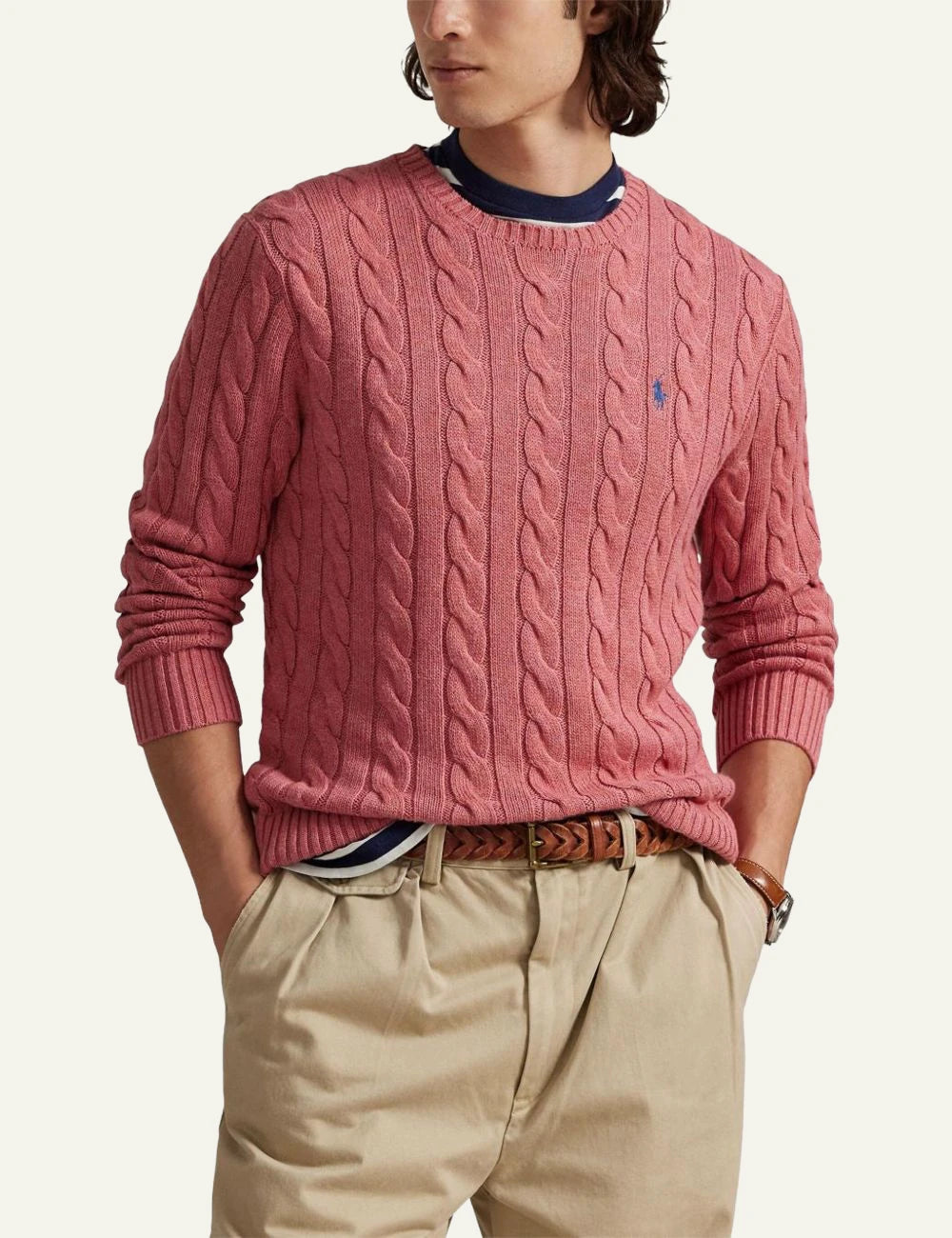 Polo Ralph Lauren pink cable knit sweater with small blue Big Pony logo front model view
