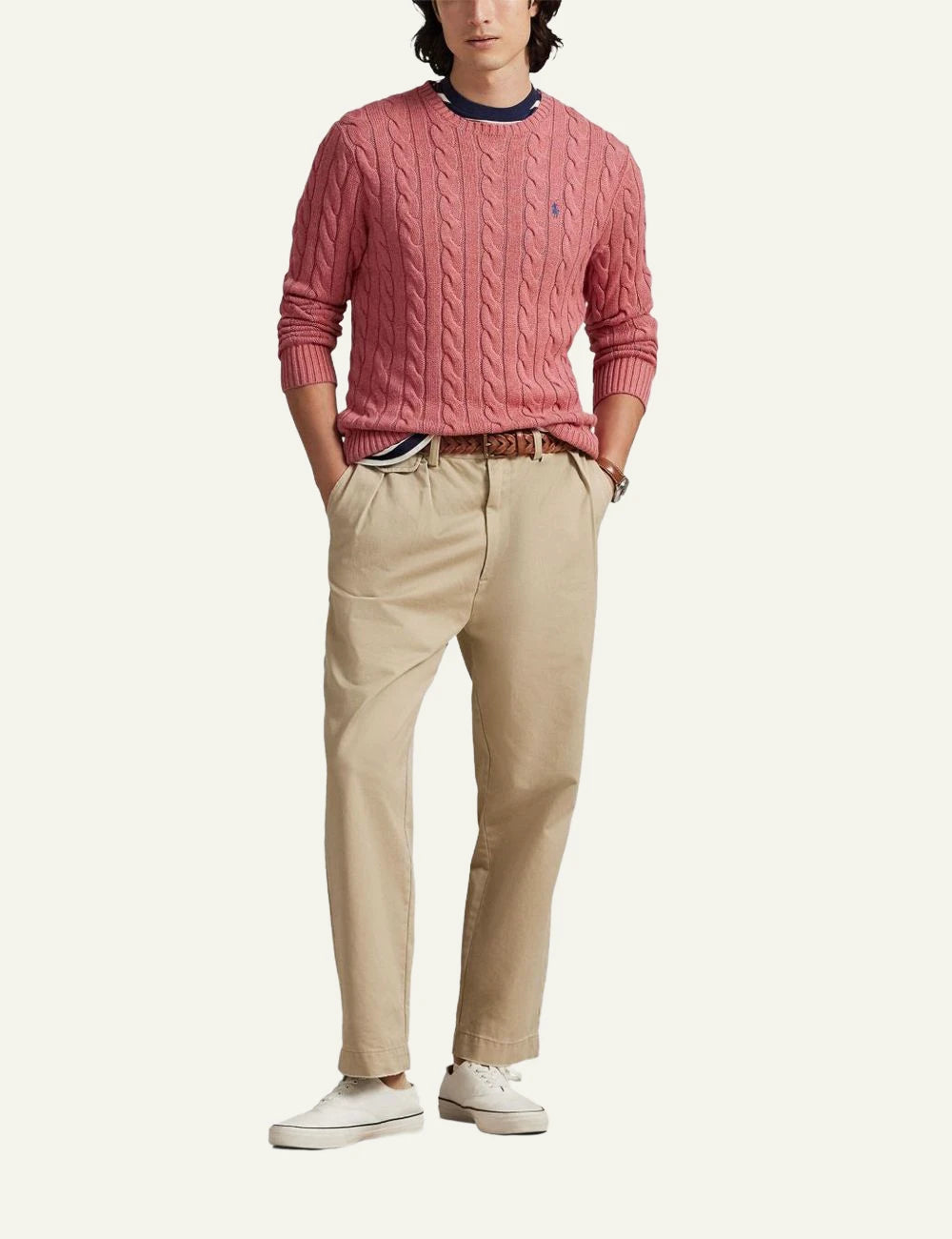 Polo Ralph Lauren pink cable knit sweater with small blue Big Pony logo full model view