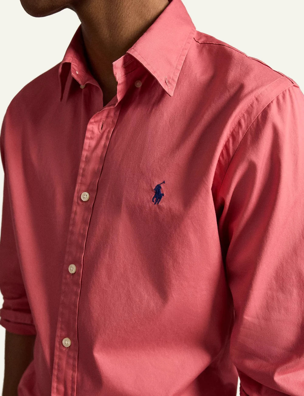 polo ralph lauren pink cotton shirt custom fit pony logo front detail view