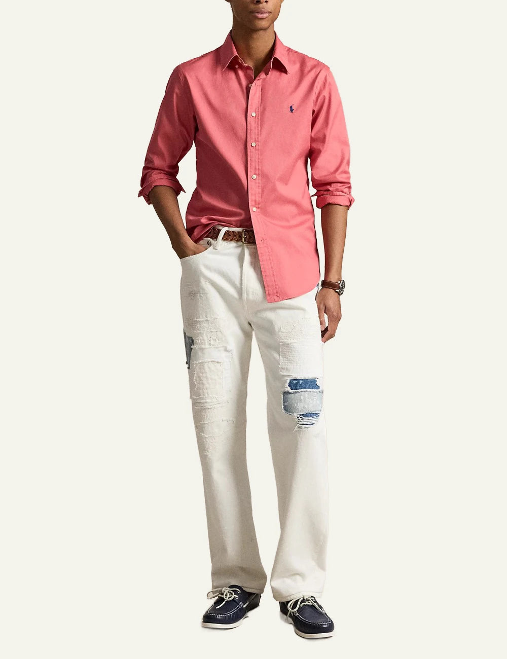 polo ralph lauren pink cotton shirt custom fit pony logo front full body view