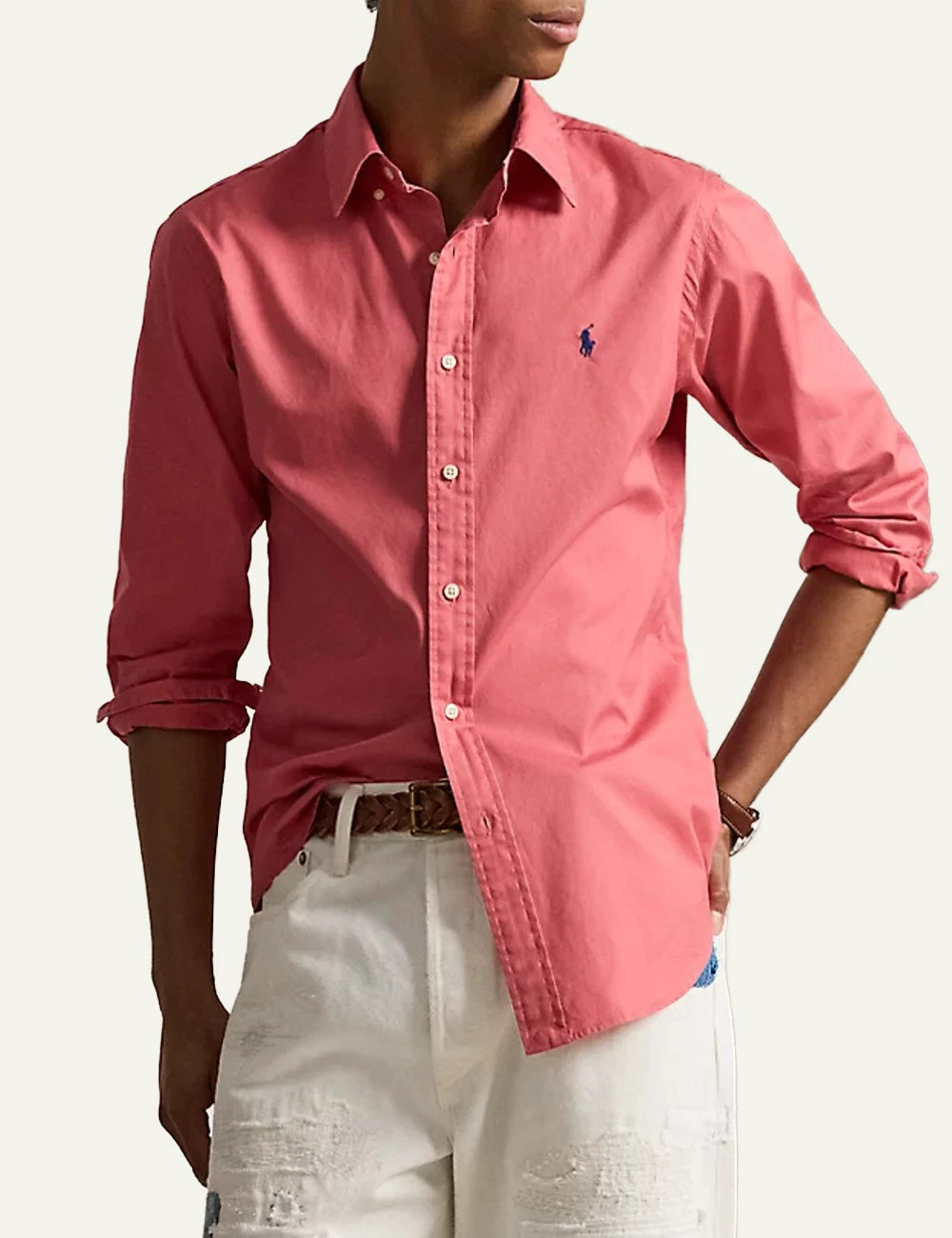 polo ralph lauren pink cotton shirt custom fit pony logo front model view