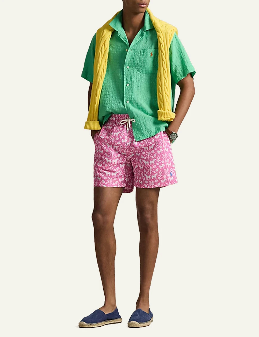 polo ralph lauren pink swim shorts elephant tropical print classic fit front full body view
