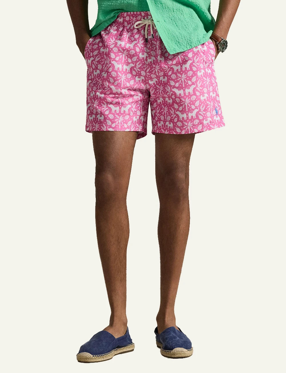 polo ralph lauren pink swim shorts elephant tropical print classic fit front model view