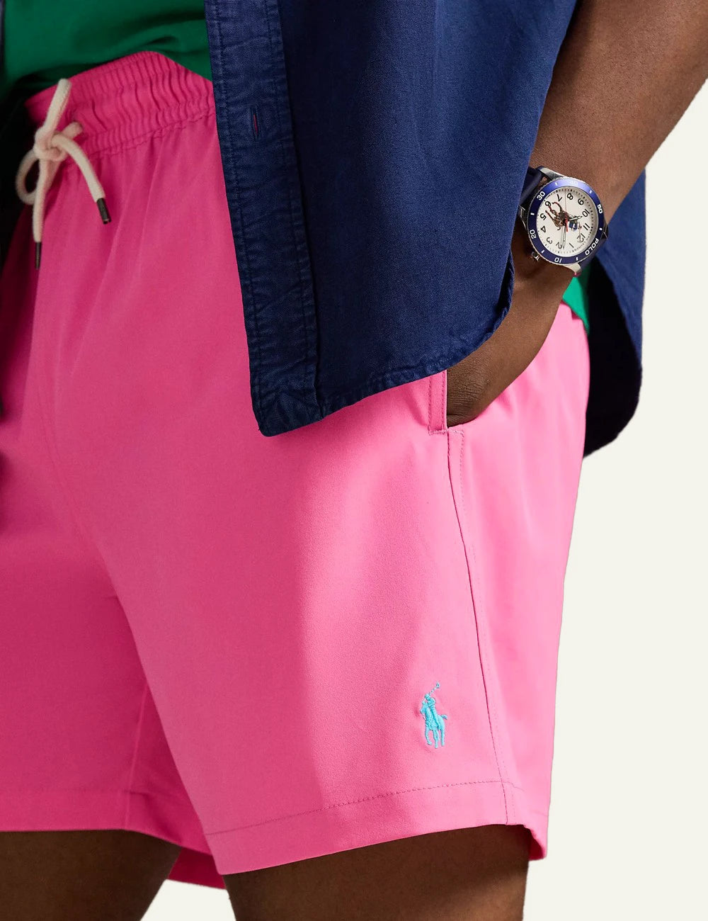 polo ralph lauren pink swim shorts classic fit pony logo front detail view