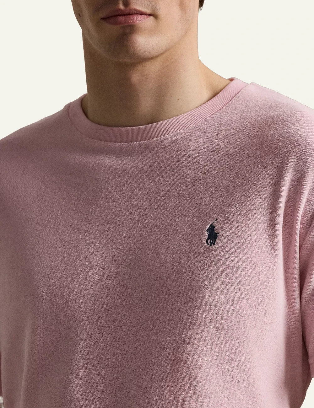 polo ralph lauren pink terry t-shirt pony logo cotton blend classic fit front detail view