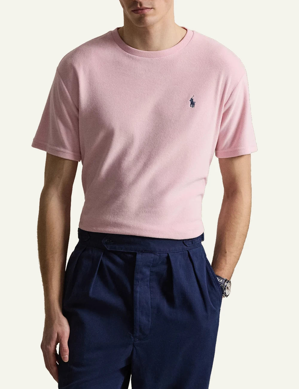 polo ralph lauren pink terry t-shirt pony logo cotton blend classic fit front model view
