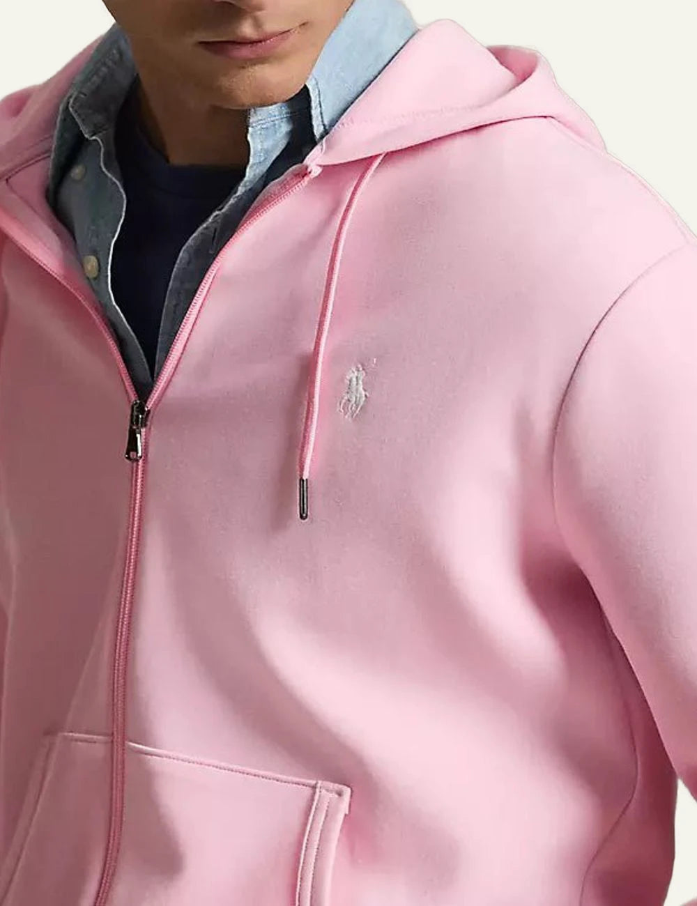 polo ralph lauren pink zip hoodie cotton blend pony logo front detail view