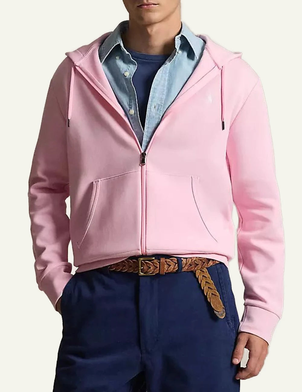 polo ralph lauren pink zip hoodie cotton blend pony logo front model view