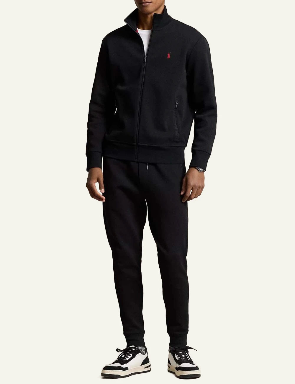 Polo Ralph Lauren black pique zip jacket me red pony logo front full body view