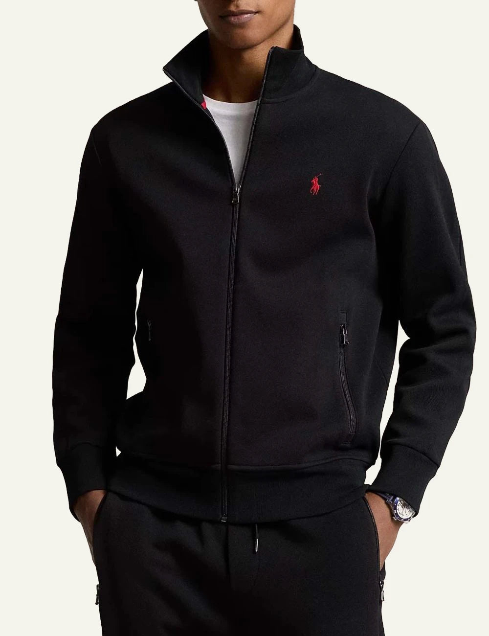 Polo Ralph Lauren black pique zip jacket me red pony logo front model view