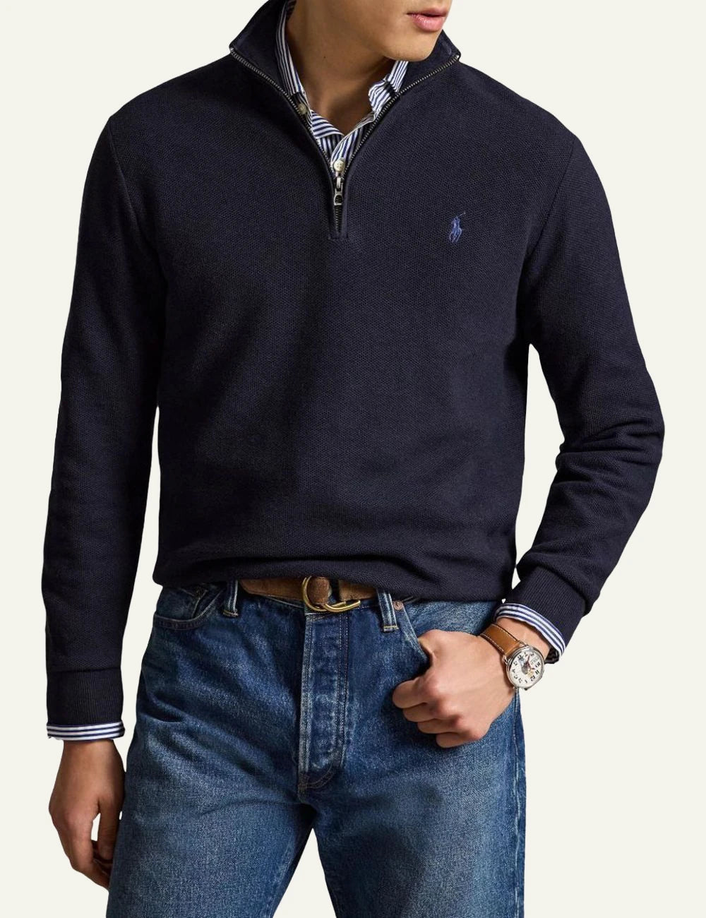 Polo Ralph Lauren navy quarter zip cotton knit sweater front model view