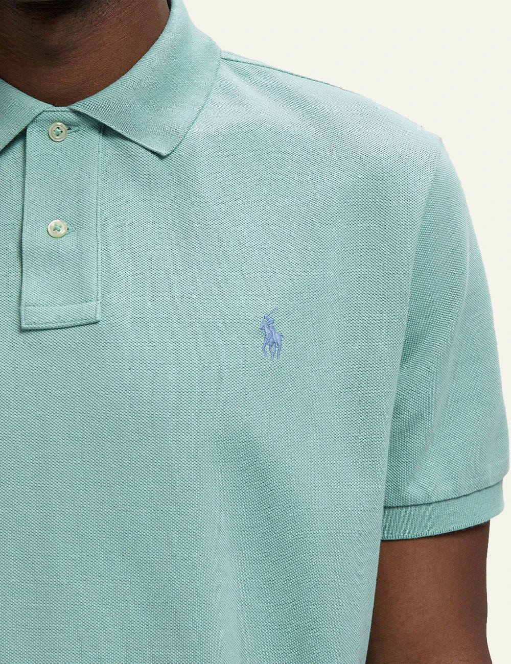 Polo Ralph Lauren short sleeve polo shirt in mint green with embroidered logo, front detail view