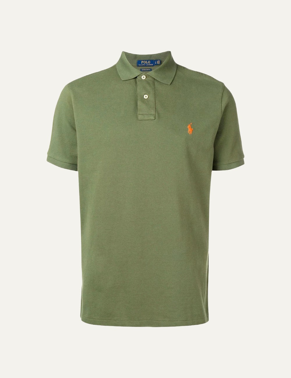 Polo Ralph Lauren short sleeve polo shirt in olive green with orange embroidered logo, front flat view