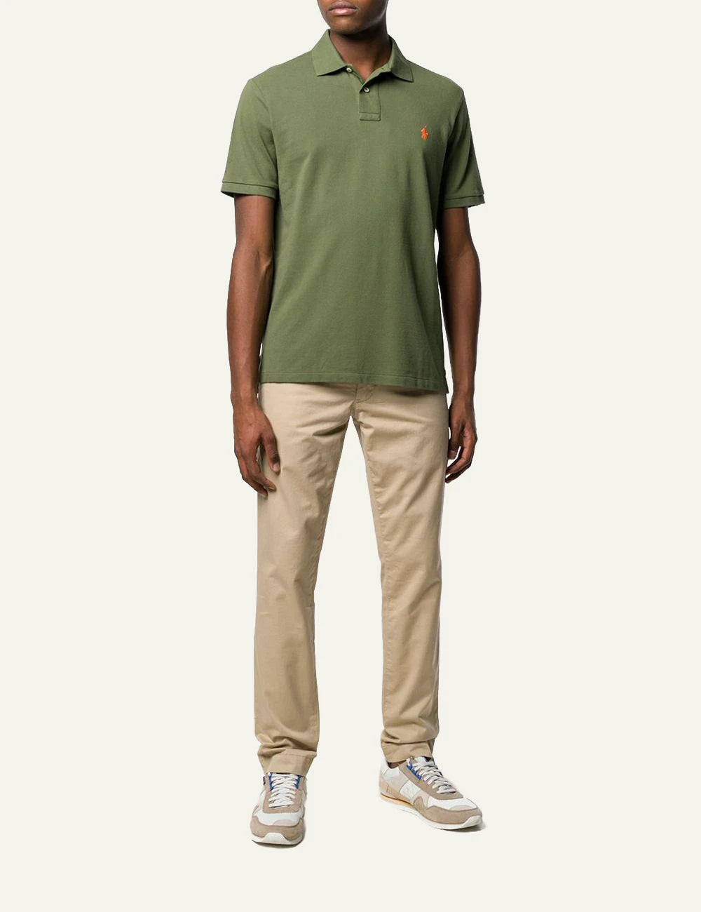 Polo Ralph Lauren short sleeve polo shirt in olive green with orange embroidered logo, front full body view