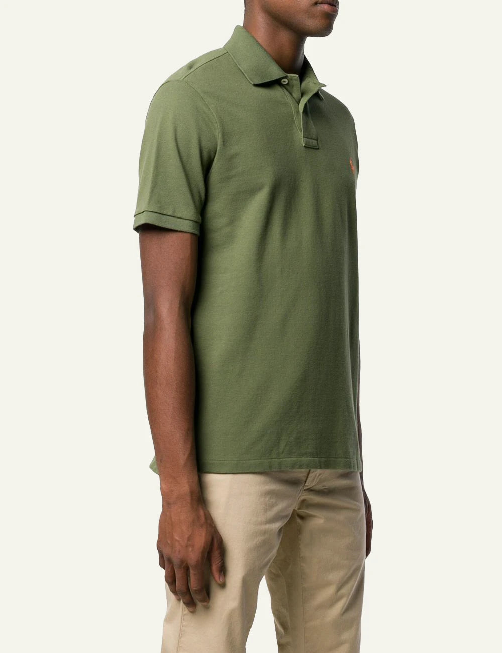 Polo Ralph Lauren short sleeve polo shirt in olive green with orange embroidered logo, side view