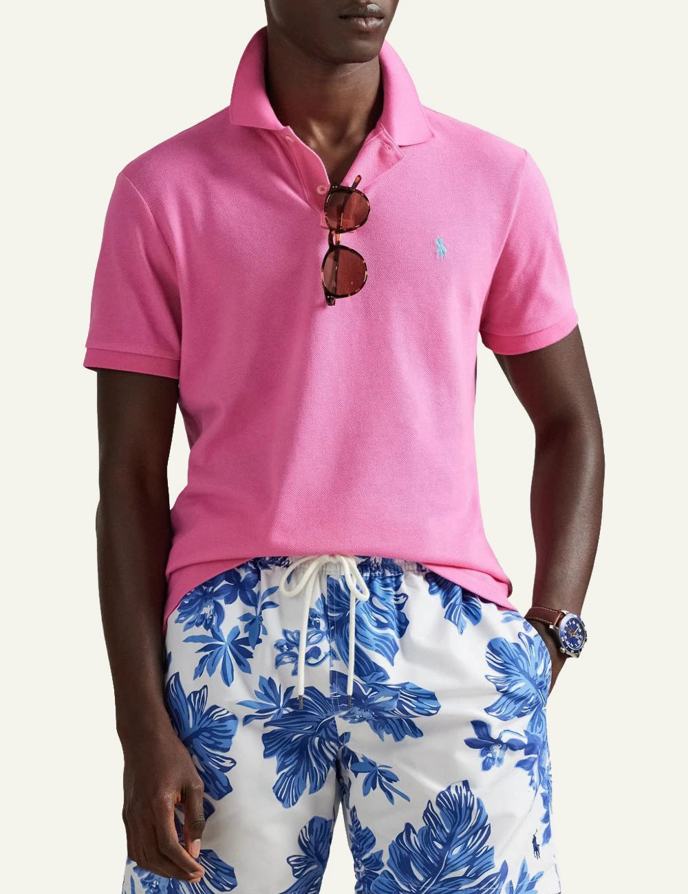 Polo Ralph Lauren short sleeve polo shirt in pink with embroidered logo, front model view
