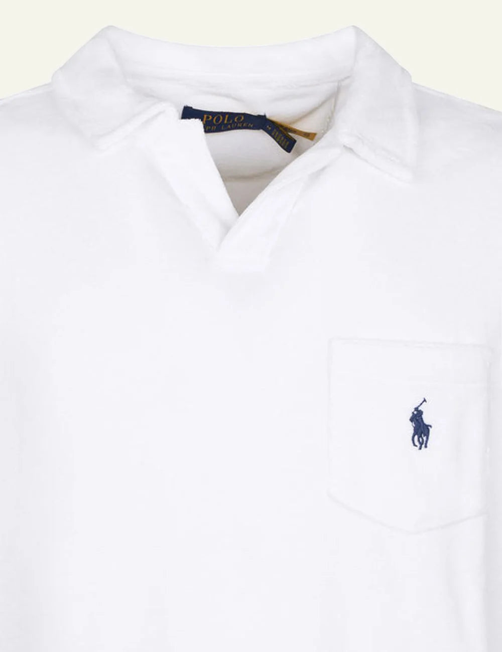 Polo Ralph Lauren short sleeve polo shirt in white with chest pocket and embroidered logo, front detail view