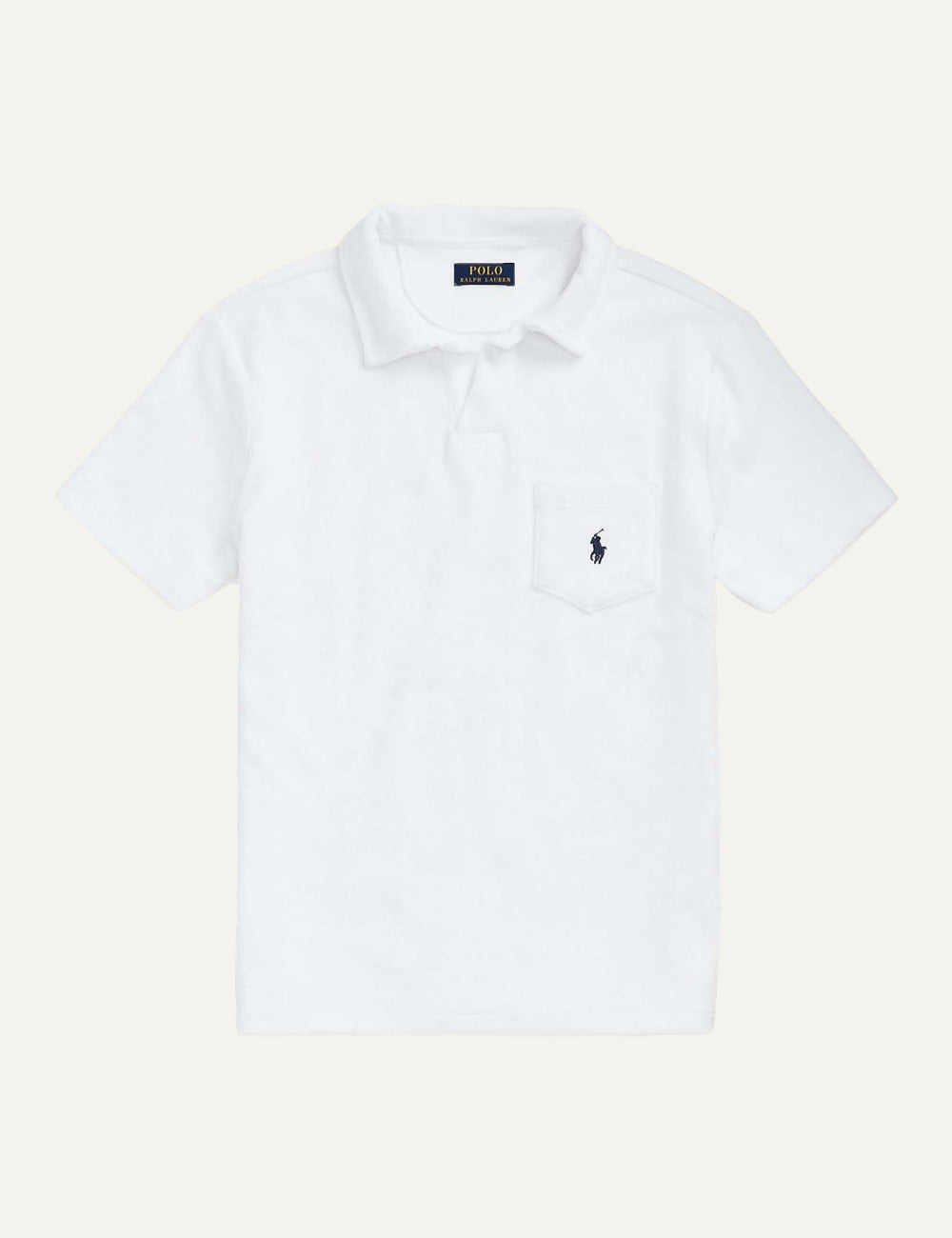 Polo Ralph Lauren short sleeve polo shirt in white with chest pocket and embroidered logo, front flat view