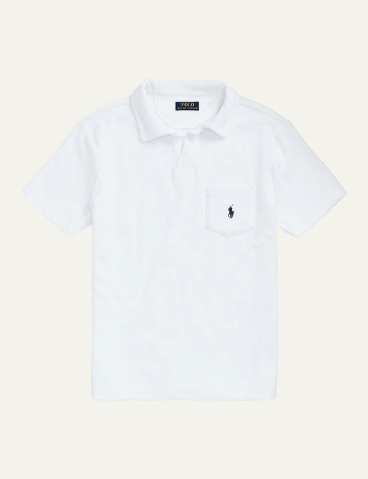 Polo Ralph Lauren short sleeve polo shirt in white with chest pocket and embroidered logo, front flat view