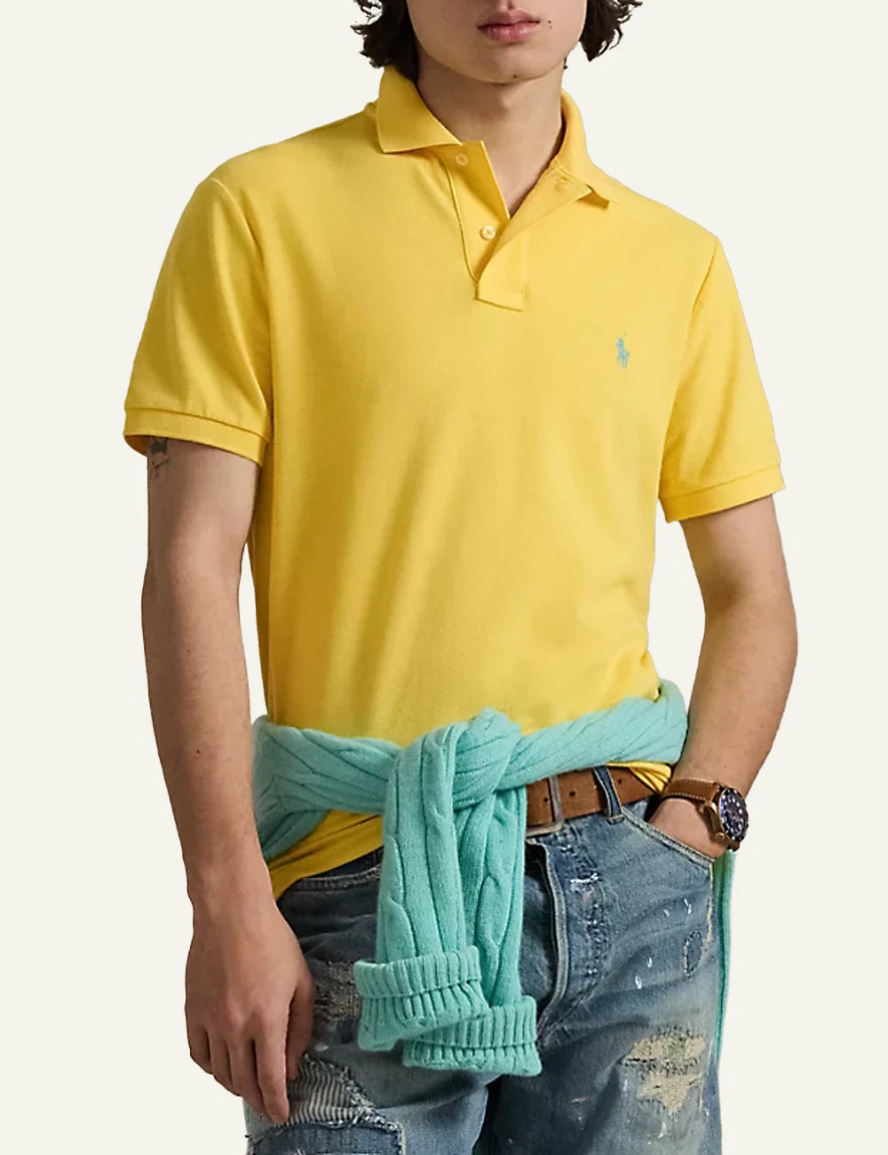 Polo Ralph Lauren short sleeve polo shirt in yellow with embroidered logo, front model view