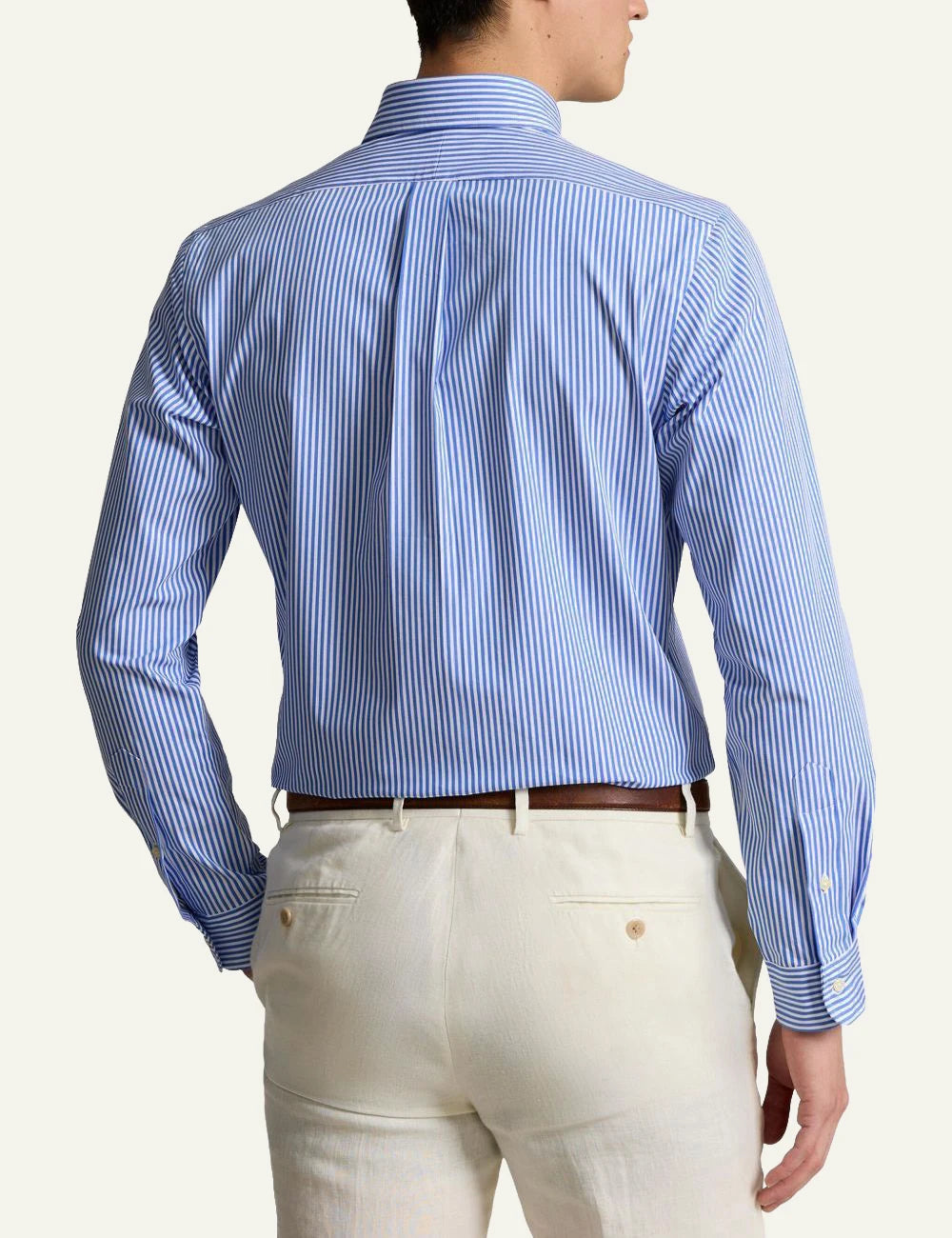 Polo Ralph Lauren striped button-down shirt in blue and white with embroidered logo, back view